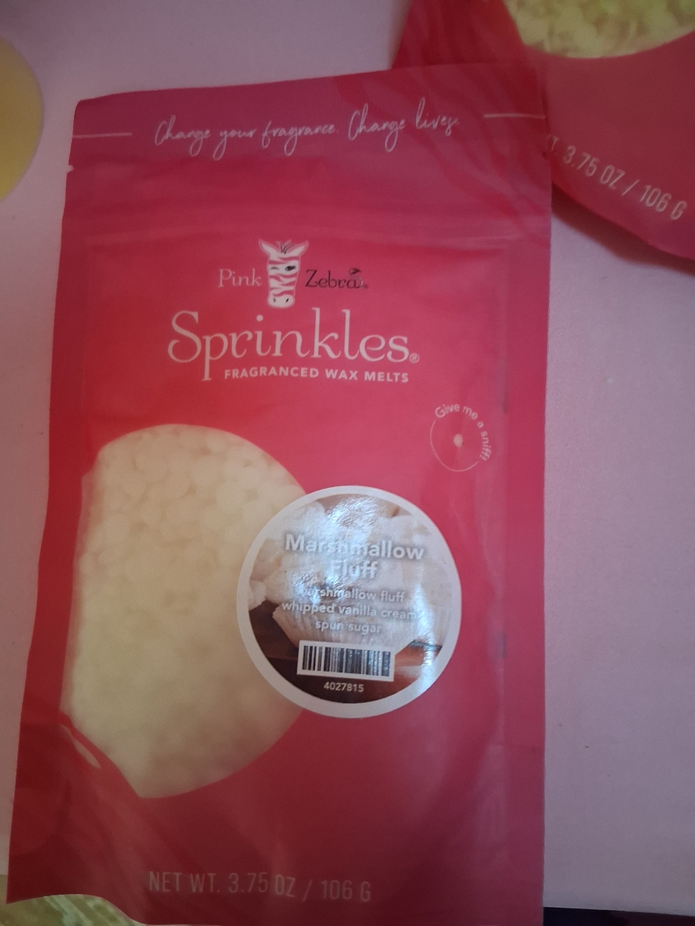 Pink Zebra Sprinkles Marshmallow Fluff Fragranced Wax Melts in Bright Pink Pouch